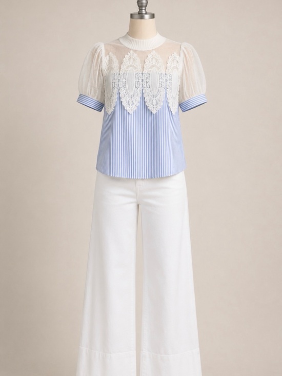 JODIFL Tops - JODIFL Crochet Accent Stripe Blouse